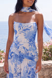Blue Flower A-lijn strapless chiffon maxijurk met halssjaal