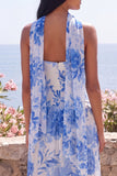 Blue Flower A-lijn strapless chiffon maxijurk met halssjaal