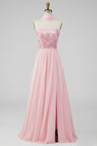 A-lijn strapless roze chiffon maxi bloemenjurk met split