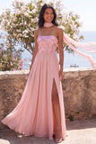 A-lijn strapless roze chiffon maxi bloemenjurk met split