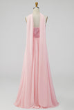 A-lijn strapless roze chiffon maxi bloemenjurk met split