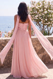 A-lijn strapless roze chiffon maxi bloemenjurk met split