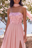 A-lijn strapless roze chiffon maxi bloemenjurk met split