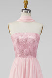 A-lijn strapless roze chiffon maxi bloemenjurk met split