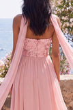 A-lijn strapless roze chiffon maxi bloemenjurk met split
