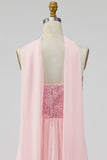 A-lijn strapless roze chiffon maxi bloemenjurk met split
