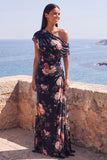 Eenschouders zwarte zeemeermin, bloemen, gerimpeld chiffon lange formele jurk