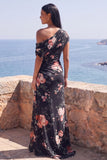Eenschouders zwarte zeemeermin, bloemen, gerimpeld chiffon lange formele jurk