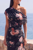 Eenschouders zwarte zeemeermin, bloemen, gerimpeld chiffon lange formele jurk