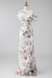 Eenschouders zwarte zeemeermin, bloemen, gerimpeld chiffon lange formele jurk