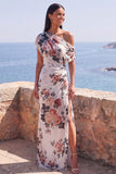 Eenschouders zwarte zeemeermin, bloemen, gerimpeld chiffon lange formele jurk