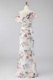 Eenschouders zwarte zeemeermin, bloemen, gerimpeld chiffon lange formele jurk