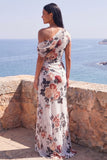 Eenschouders zwarte zeemeermin, bloemen, gerimpeld chiffon lange formele jurk