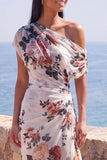 Eenschouders zwarte zeemeermin, bloemen, gerimpeld chiffon lange formele jurk