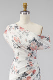 Eenschouders zwarte zeemeermin, bloemen, gerimpeld chiffon lange formele jurk