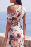 Eenschouders zwarte zeemeermin, bloemen, gerimpeld chiffon lange formele jurk
