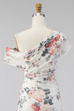 Eenschouders zwarte zeemeermin, bloemen, gerimpeld chiffon lange formele jurk