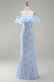 Maxi bloemenjurk met zeemeerminblauw off-the-shoulder gerimpelde bloemenjurk met applicaties
