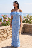 Maxi bloemenjurk met zeemeerminblauw off-the-shoulder gerimpelde bloemenjurk met applicaties