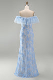 Maxi bloemenjurk met zeemeerminblauw off-the-shoulder gerimpelde bloemenjurk met applicaties