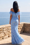 Maxi bloemenjurk met zeemeerminblauw off-the-shoulder gerimpelde bloemenjurk met applicaties