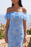 Maxi bloemenjurk met zeemeerminblauw off-the-shoulder gerimpelde bloemenjurk met applicaties
