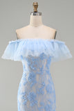 Maxi bloemenjurk met zeemeerminblauw off-the-shoulder gerimpelde bloemenjurk met applicaties