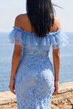 Maxi bloemenjurk met zeemeerminblauw off-the-shoulder gerimpelde bloemenjurk met applicaties