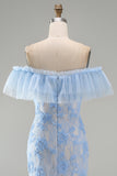 Maxi bloemenjurk met zeemeerminblauw off-the-shoulder gerimpelde bloemenjurk met applicaties