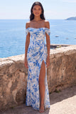 Zeemeermin blauwe bloem chiffon met gerimpelde maxijurk met split