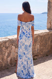 Zeemeermin blauwe bloem chiffon met gerimpelde maxijurk met split