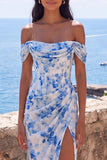 Zeemeermin blauwe bloem chiffon met gerimpelde maxijurk met split