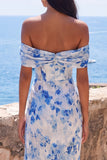 Zeemeermin blauwe bloem chiffon met gerimpelde maxijurk met split