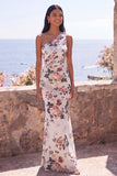 Meerminnenivoor Eenschouder Chiffon Rimpelende Bloemen Maxi Jurk