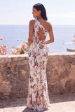 Meerminnenivoor Eenschouder Chiffon Rimpelende Bloemen Maxi Jurk