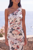 Meerminnenivoor Eenschouder Chiffon Rimpelende Bloemen Maxi Jurk