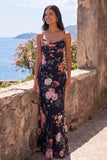 Zwarte zeemeermin bloemen gerimpelde spaghettibandjes Chiffon lange formele jurk