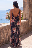 Zwarte zeemeermin bloemen gerimpelde spaghettibandjes Chiffon lange formele jurk