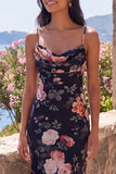 Zwarte zeemeermin bloemen gerimpelde spaghettibandjes Chiffon lange formele jurk