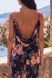 Zwarte zeemeermin bloemen gerimpelde spaghettibandjes Chiffon lange formele jurk