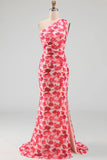 Roze zeemeermin met één schouder chiffon bloemen maxijurk