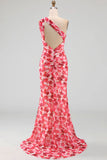 Roze zeemeermin met één schouder chiffon bloemen maxijurk