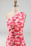 Roze zeemeermin met één schouder chiffon bloemen maxijurk