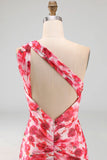 Roze zeemeermin met één schouder chiffon bloemen maxijurk