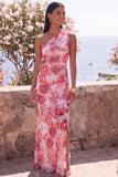 Roze zeemeermin met één schouder chiffon bloemen maxijurk