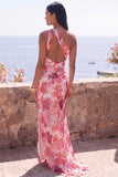 Roze zeemeermin met één schouder chiffon bloemen maxijurk