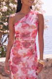 Roze zeemeermin met één schouder chiffon bloemen maxijurk