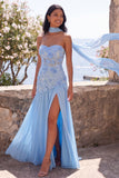 Chiffon Blue A-lijn sweetheart bloemen maxijurk met split