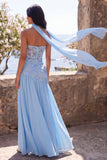 Chiffon Blue A-lijn sweetheart bloemen maxijurk met split