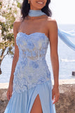 Chiffon Blue A-lijn sweetheart bloemen maxijurk met split